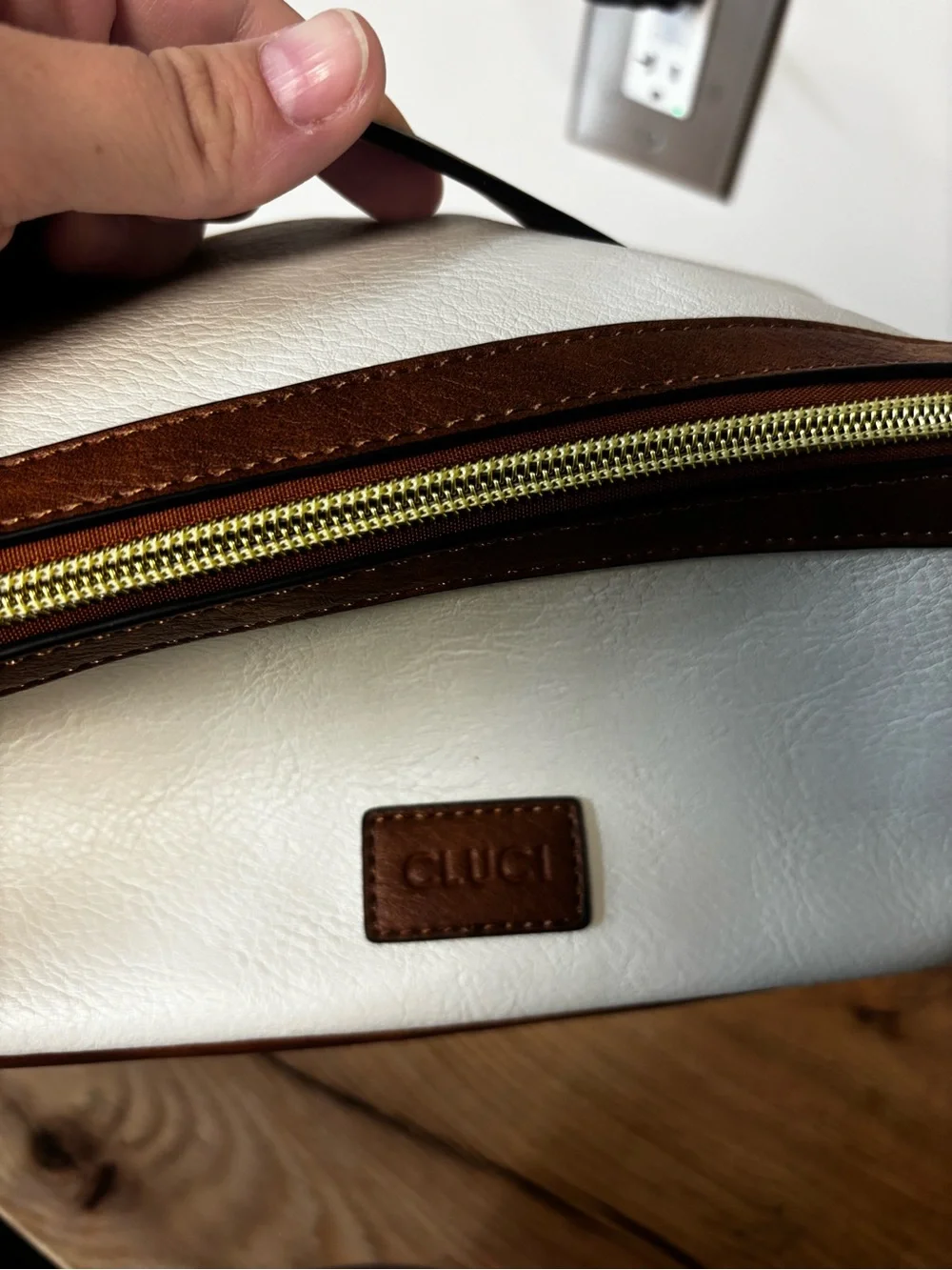 White and Brown Faux Leather Travel Cosmetic Case